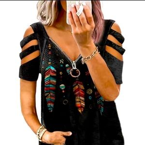 BLACK BOHO TRIBAL FEATHER COLD SHOULDER ZIPPER TOP Women’s 1X